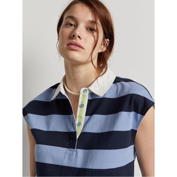 Anthropologie Maeve Porter Stripe Polo Top in Blue Motif - Picture 3 of 9